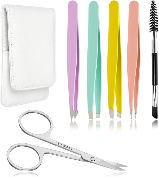 Precision Eyebrow Tweezers Set Pack of 6 for Women Ingrown Facial Hair Removal Pointed Tweezers Scissors Brush Kit for Splinter with Leather Case Gift